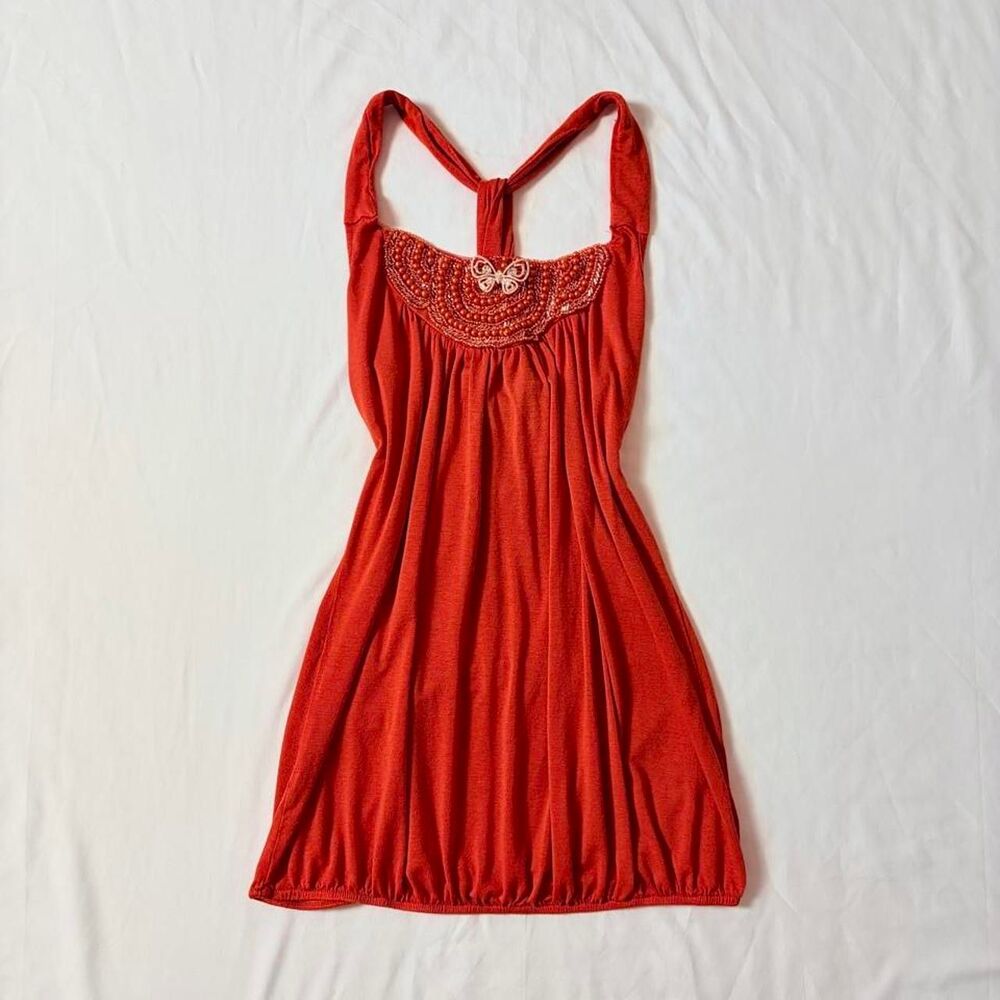 Women's Rust orange beaded halter cami top with crystal butterfly